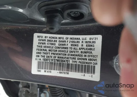2021 Honda Civic Ex z USA, uszkodzony, nr VIN 19XFC1F37ME004701